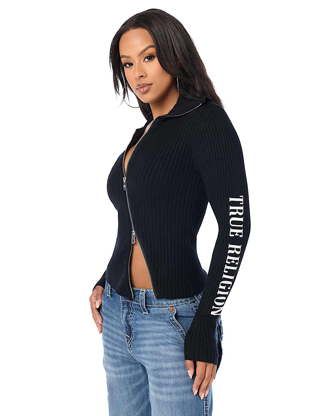 EMBROIDERED ASYMMETRICAL ZIP SWEATER TOP