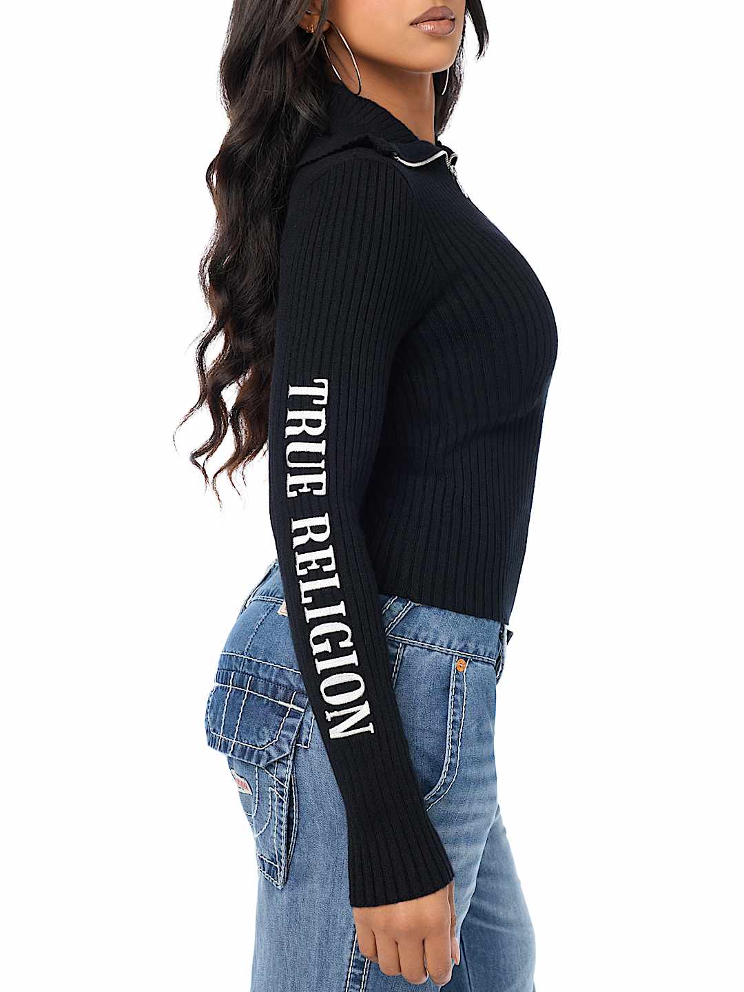 EMBROIDERED ASYMMETRICAL ZIP SWEATER TOP