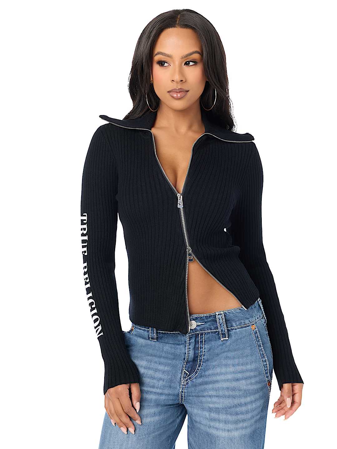 EMBROIDERED ASYMMETRICAL ZIP SWEATER TOP