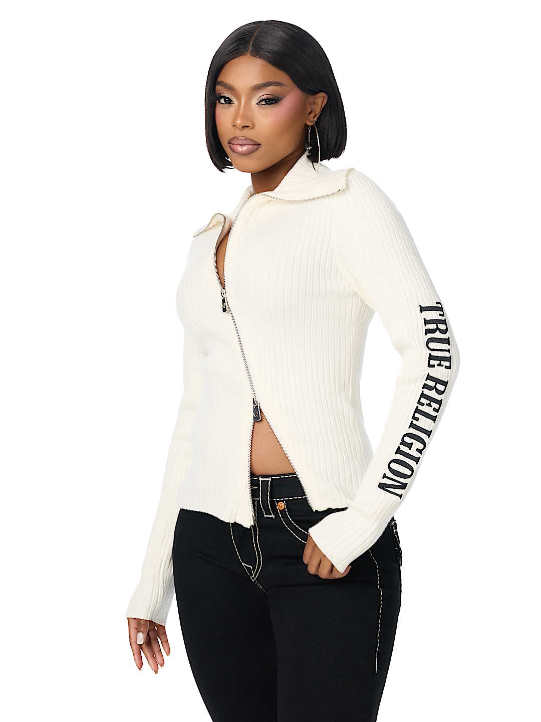 EMBROIDERED ASYMMETRICAL ZIP SWEATER TOP