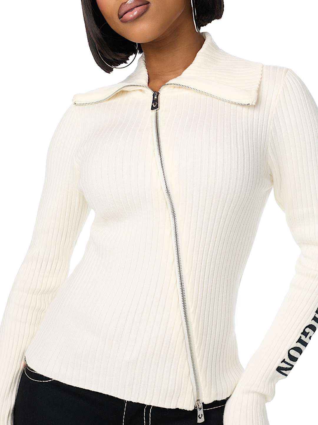 EMBROIDERED ASYMMETRICAL ZIP SWEATER TOP