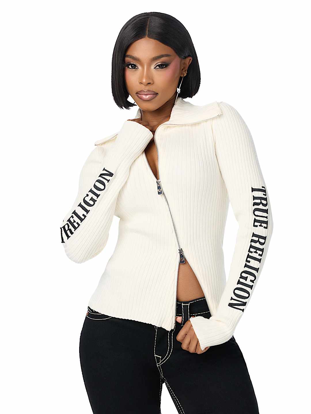 EMBROIDERED ASYMMETRICAL ZIP SWEATER TOP