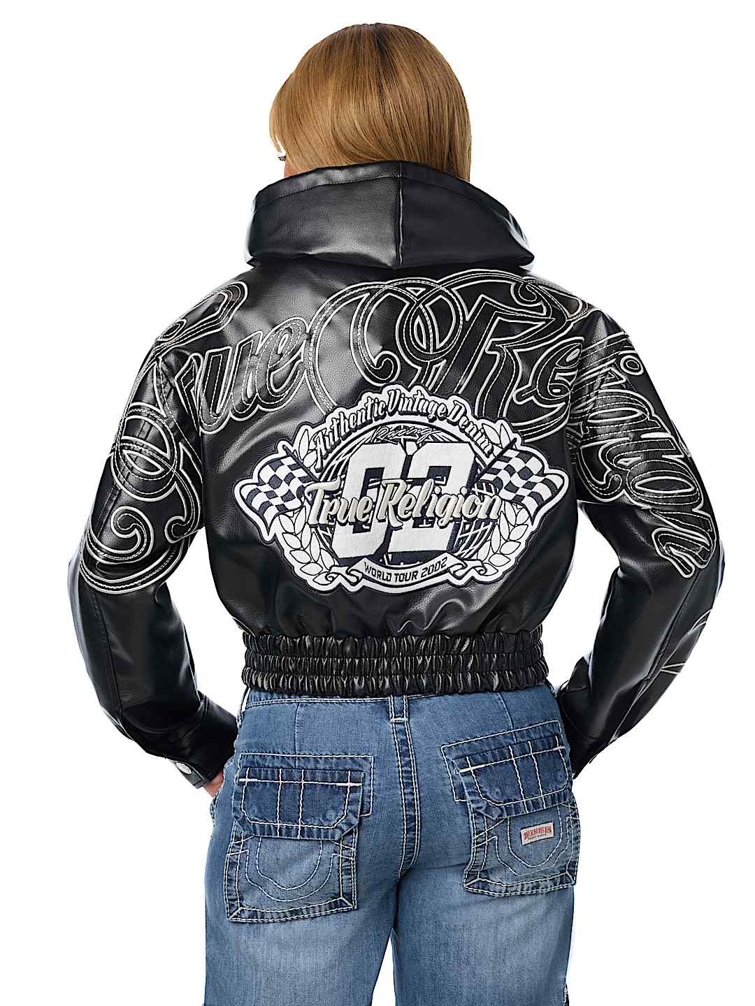 EMBROIDERED FAUX LEATHER HOODED JACKET