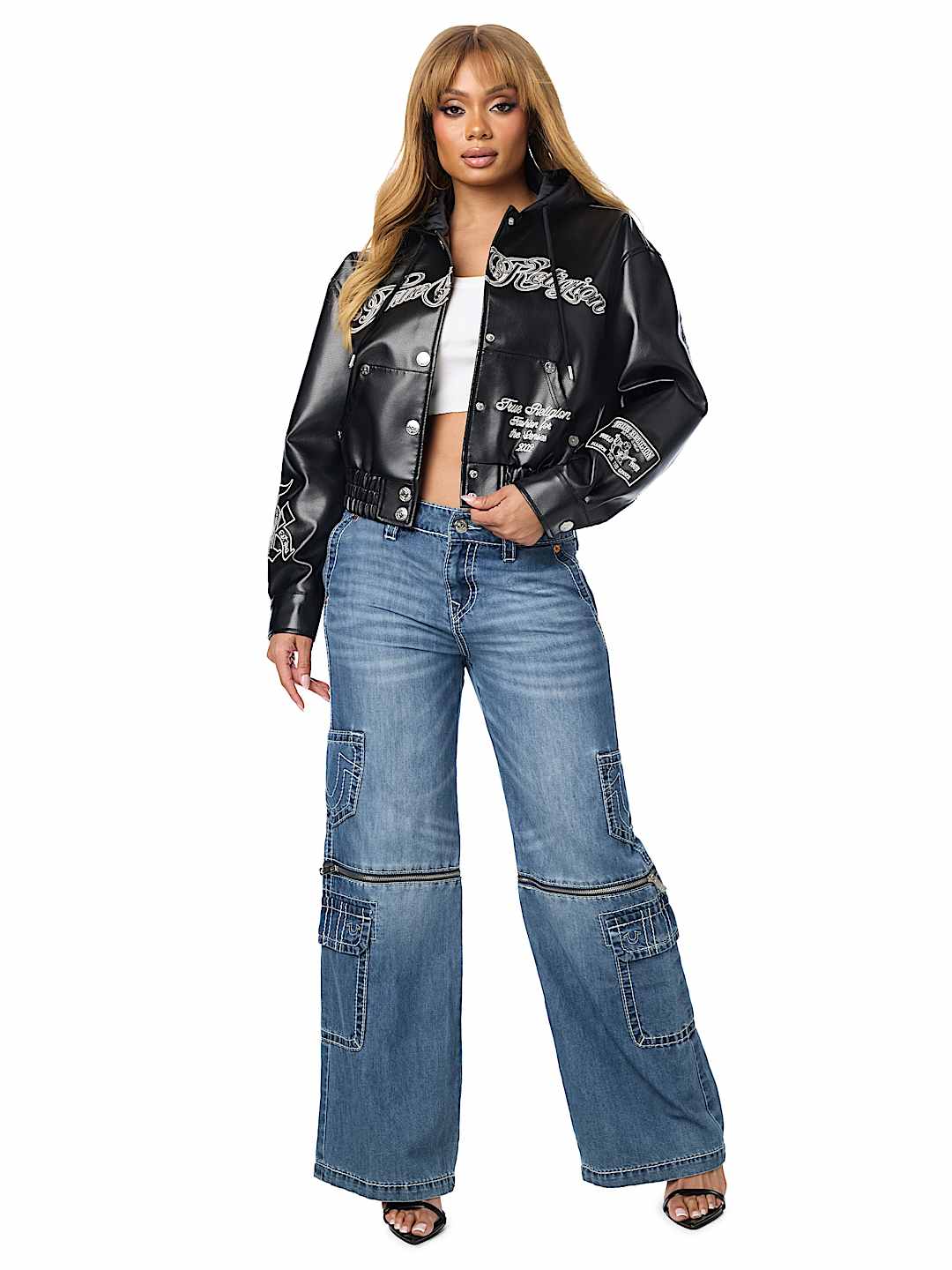 EMBROIDERED FAUX LEATHER HOODED JACKET