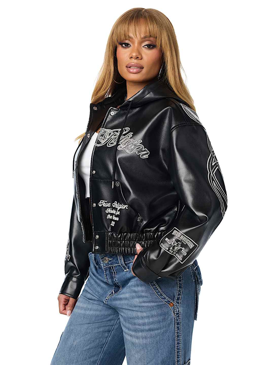 EMBROIDERED FAUX LEATHER HOODED JACKET