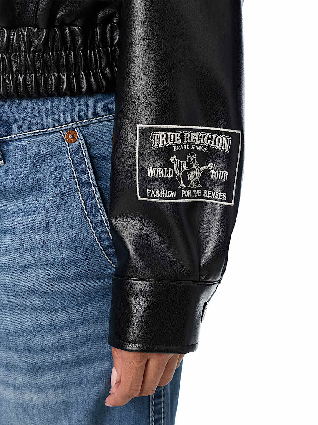 EMBROIDERED FAUX LEATHER HOODED JACKET