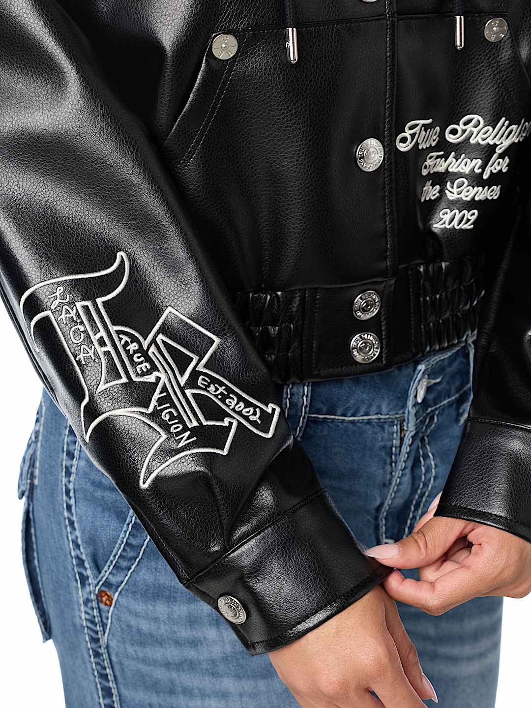 EMBROIDERED FAUX LEATHER HOODED JACKET