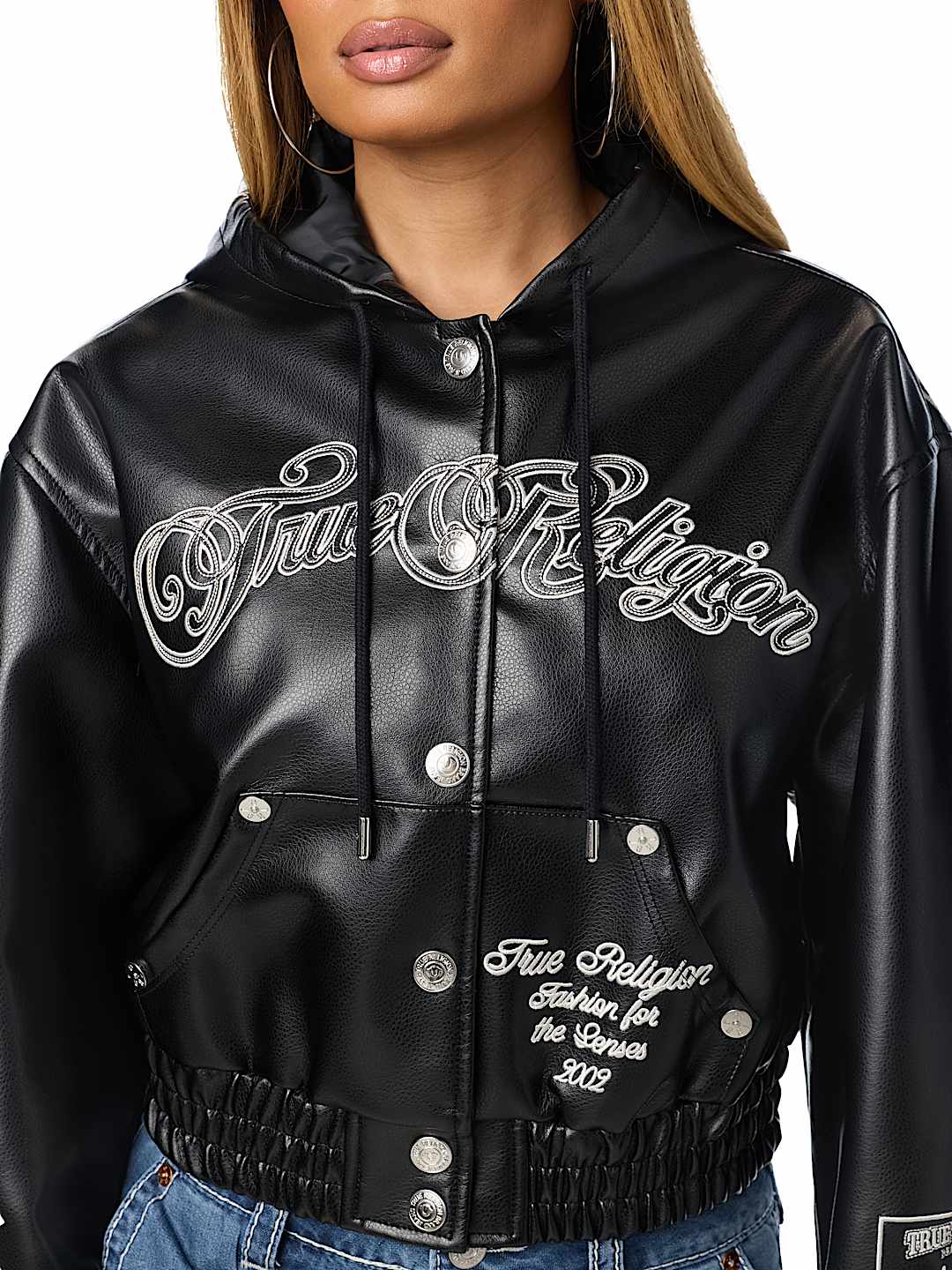 EMBROIDERED FAUX LEATHER HOODED JACKET