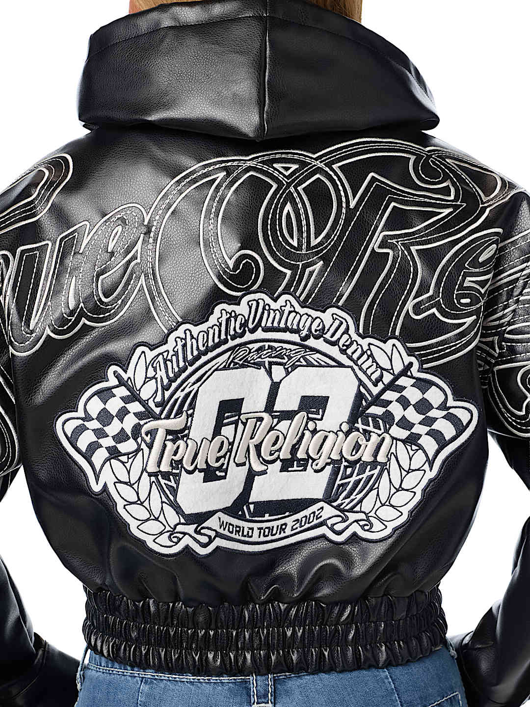 EMBROIDERED FAUX LEATHER HOODED JACKET