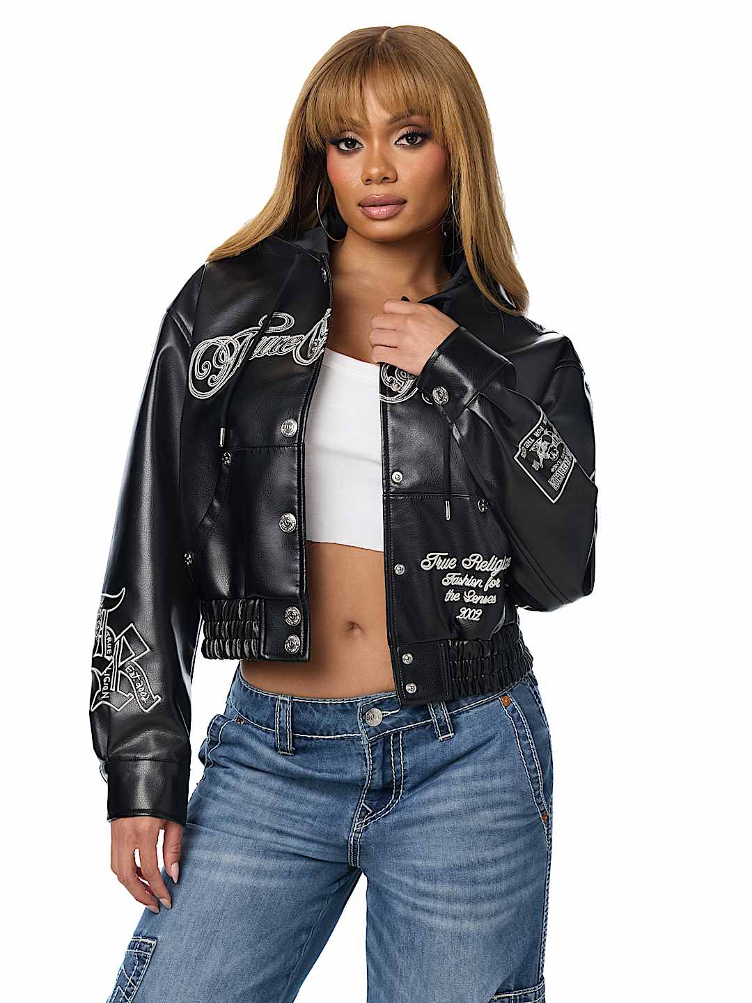 EMBROIDERED FAUX LEATHER HOODED JACKET