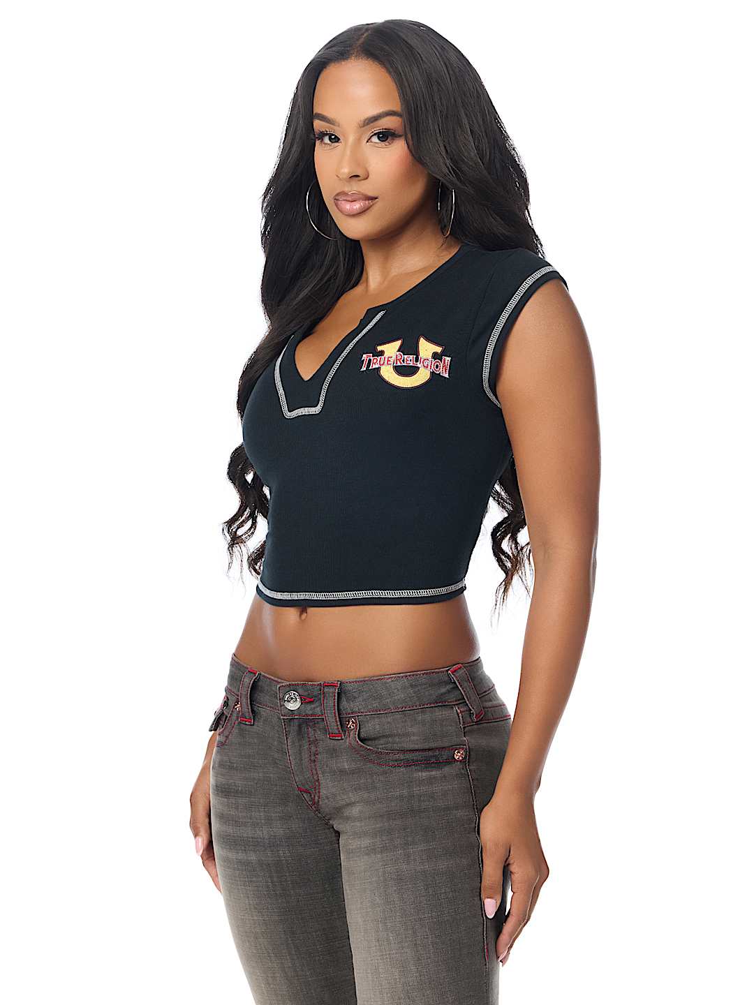 CRYSTAL LEOPARD RIBBED NOTCH TEE