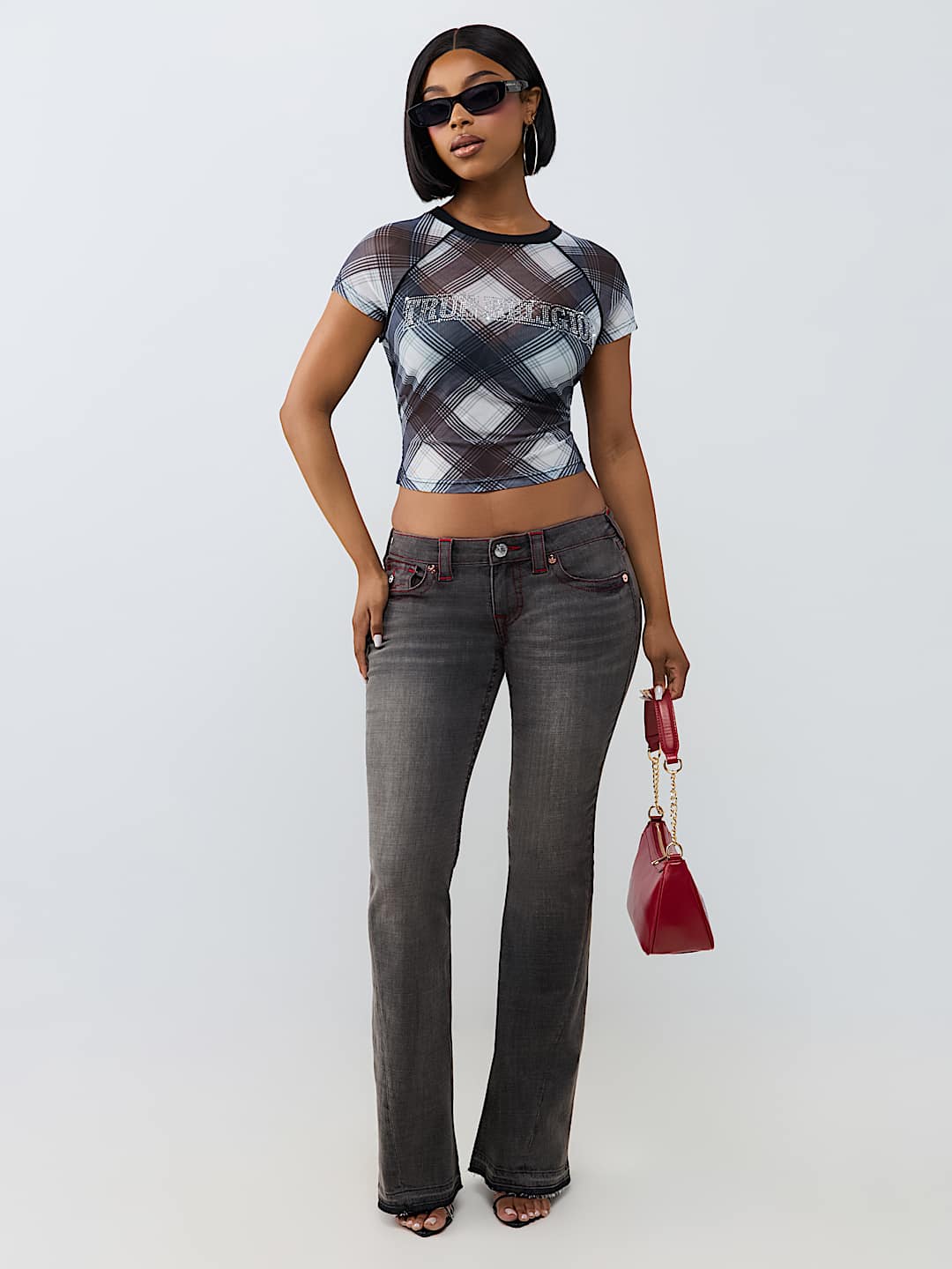CRYSTAL PLAID RAGLAN MESH TOP