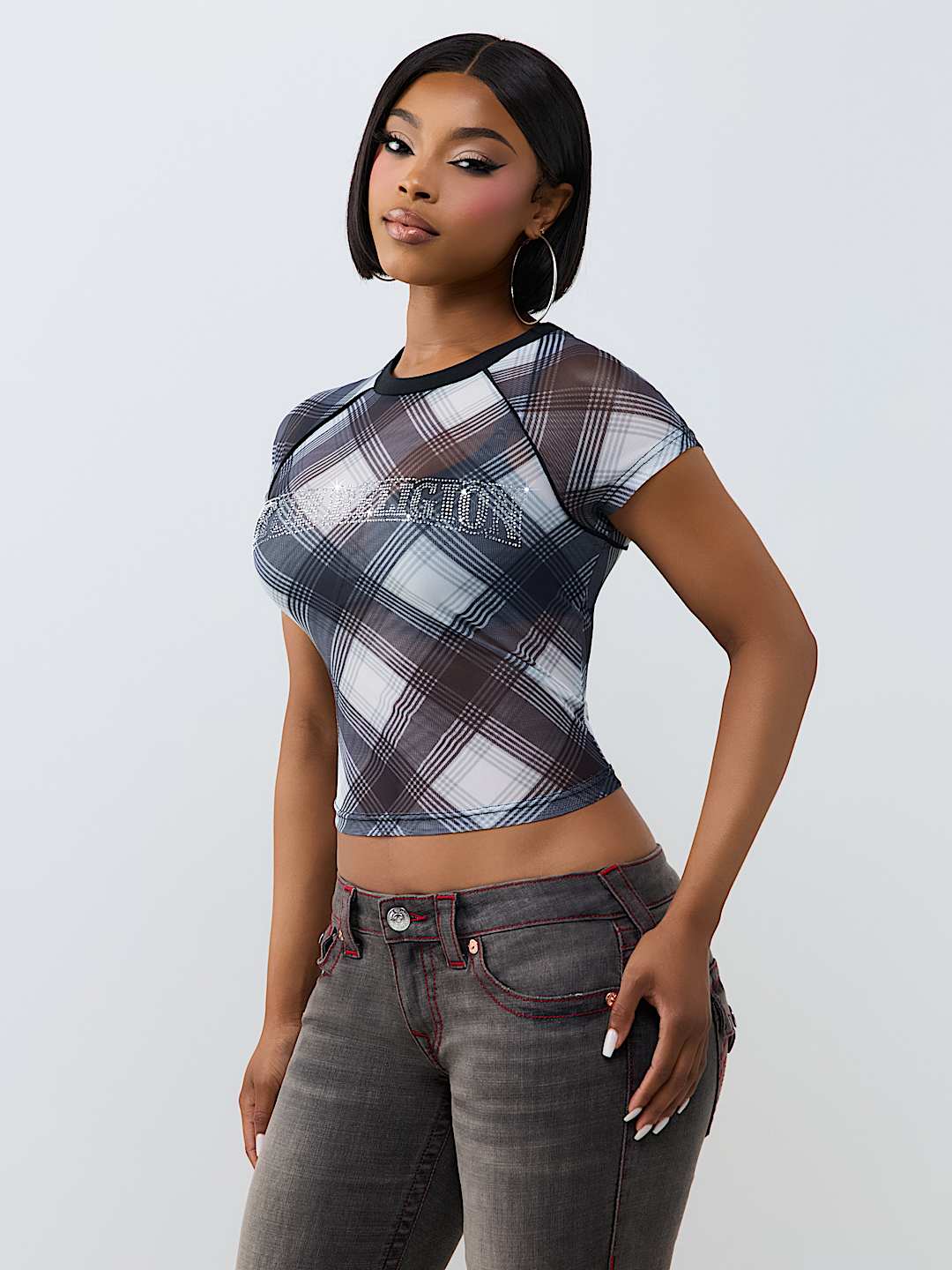 CRYSTAL PLAID RAGLAN MESH TOP