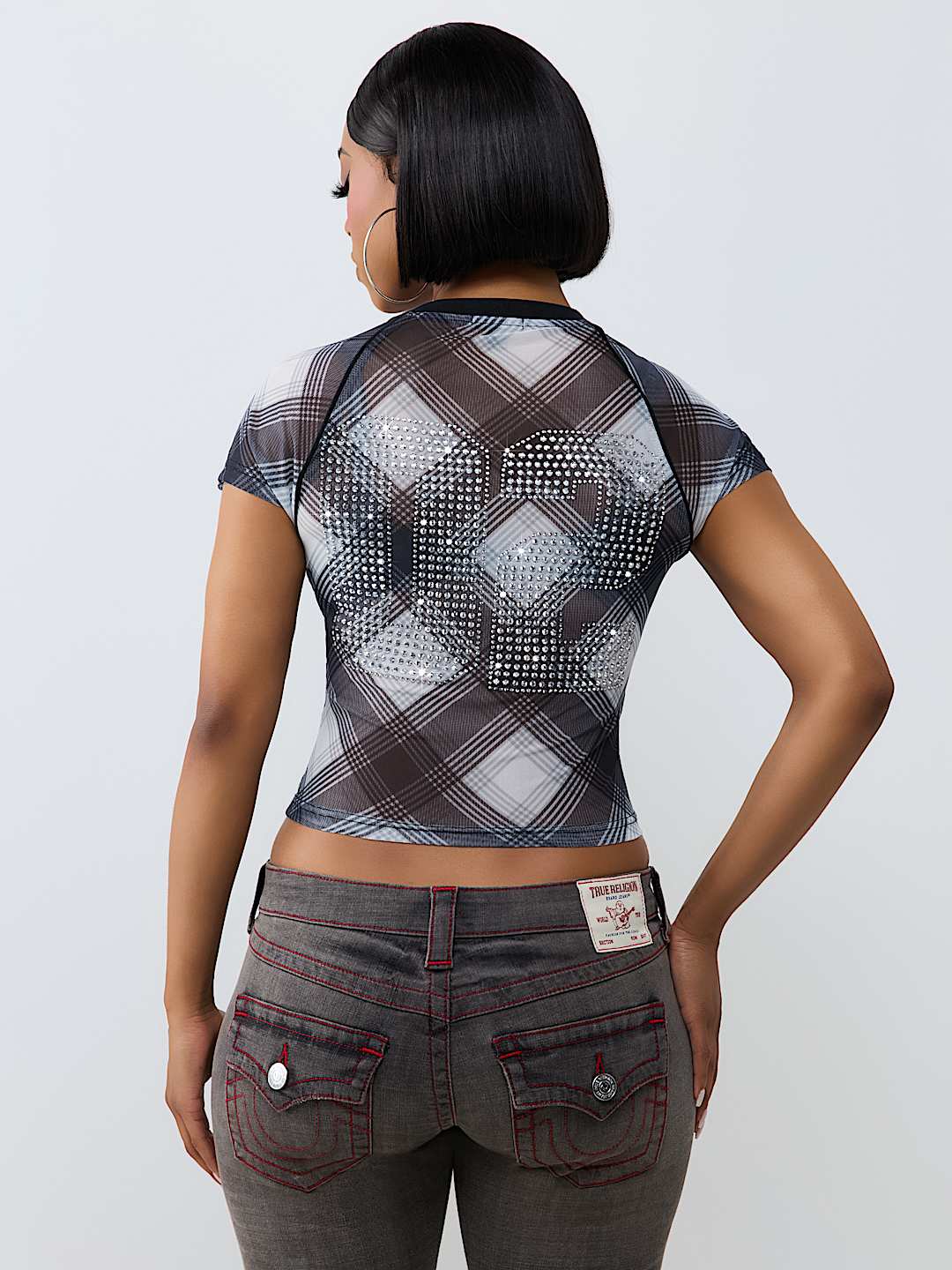 CRYSTAL PLAID RAGLAN MESH TOP