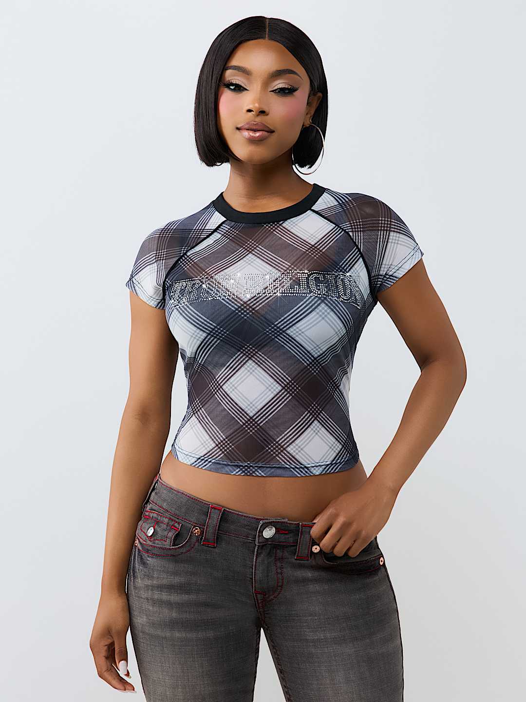 CRYSTAL PLAID RAGLAN MESH TOP