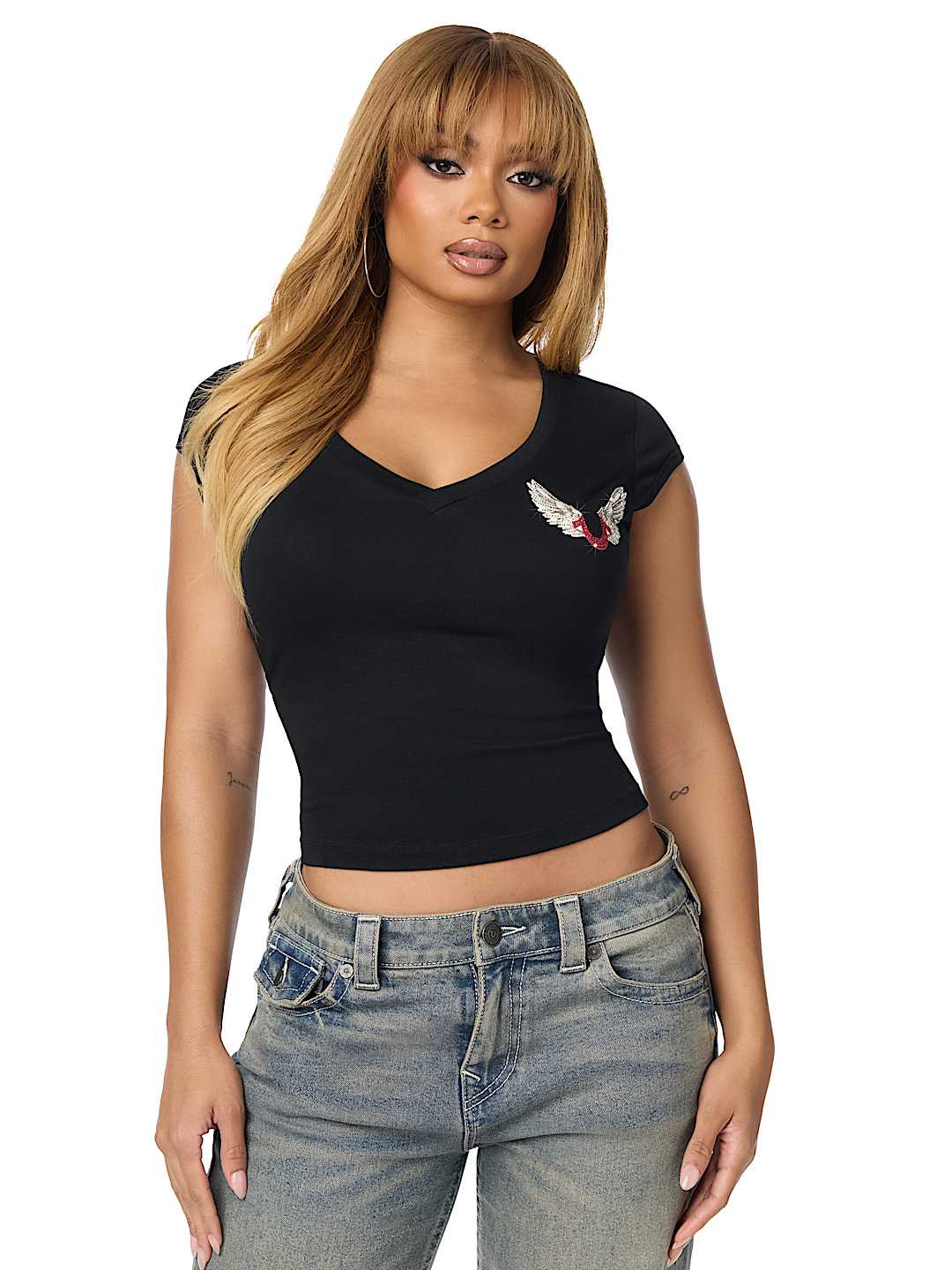 CRYSTAL WING PLUNGE  TEE