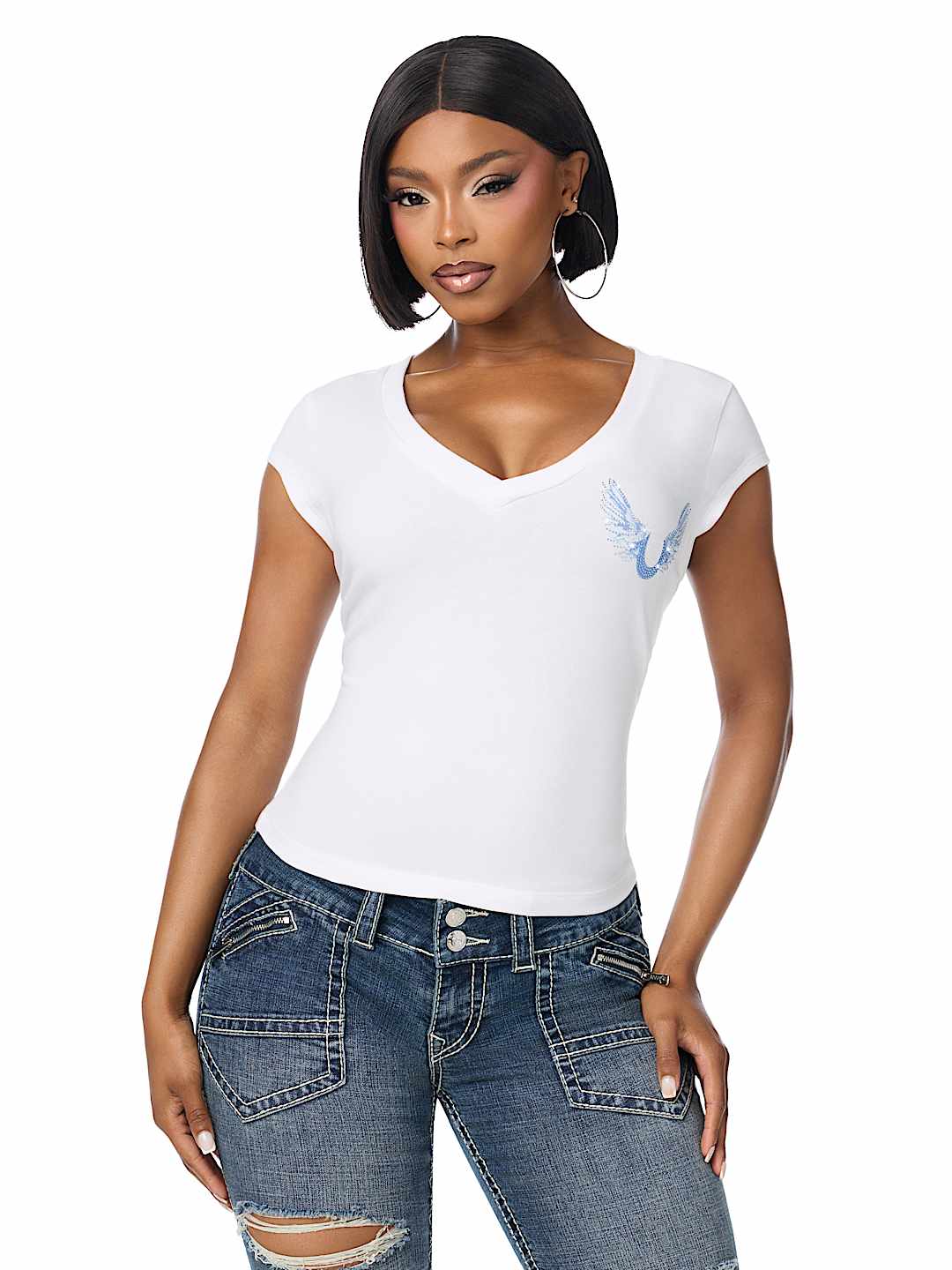CRYSTAL WING PLUNGE  TEE