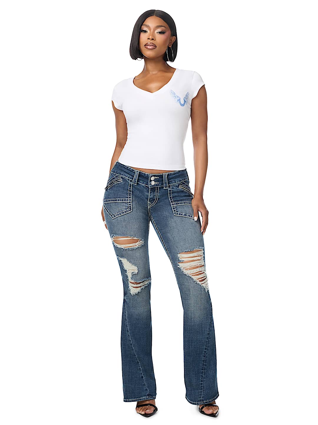CRYSTAL WING PLUNGE  TEE