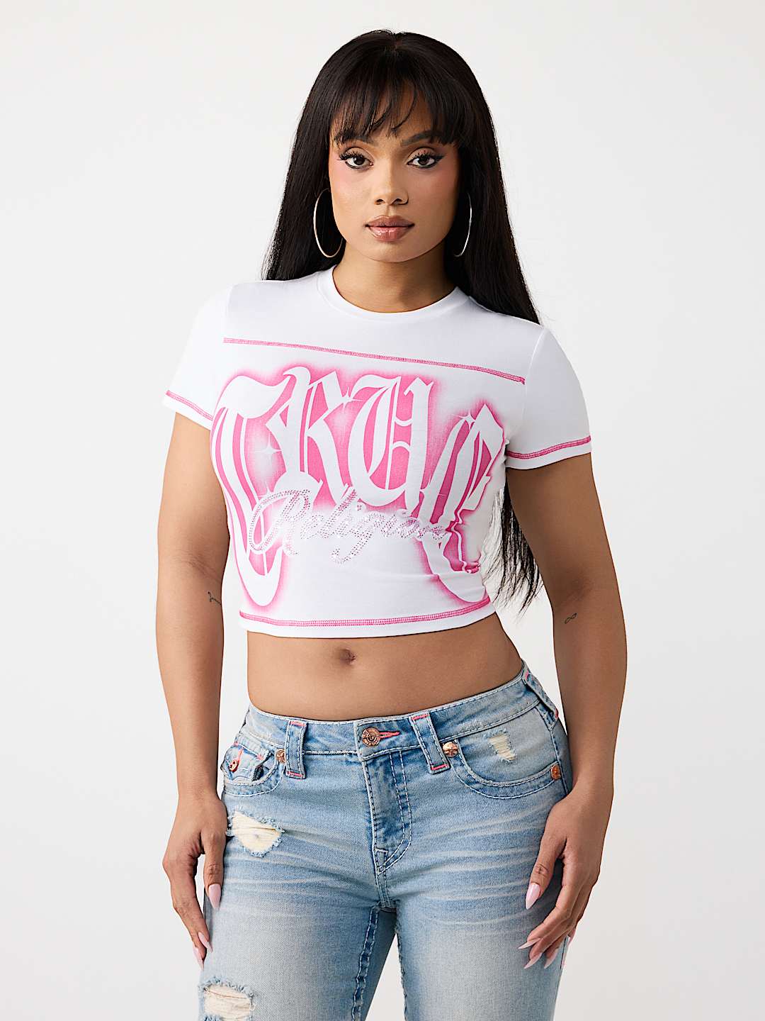 T-SHIRT COURT AVEC LOGO EN CRISTAUX, image 1