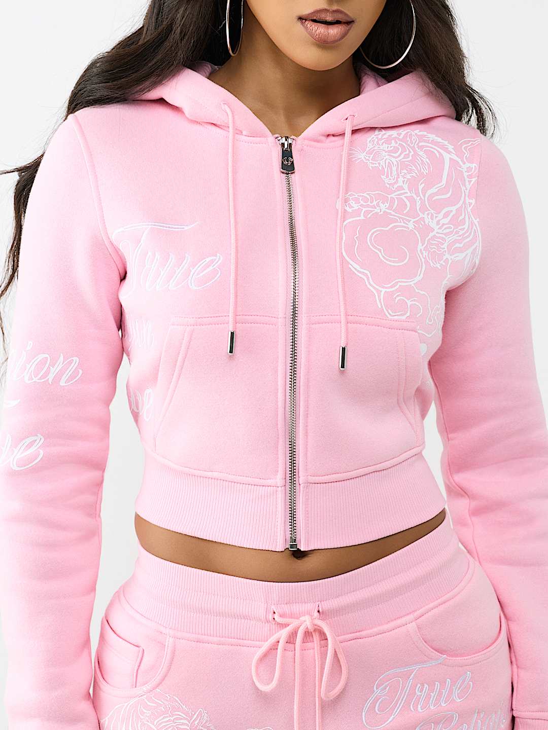 EMBROIDERED TIGER SHRUNKEN ZIP HOODIE