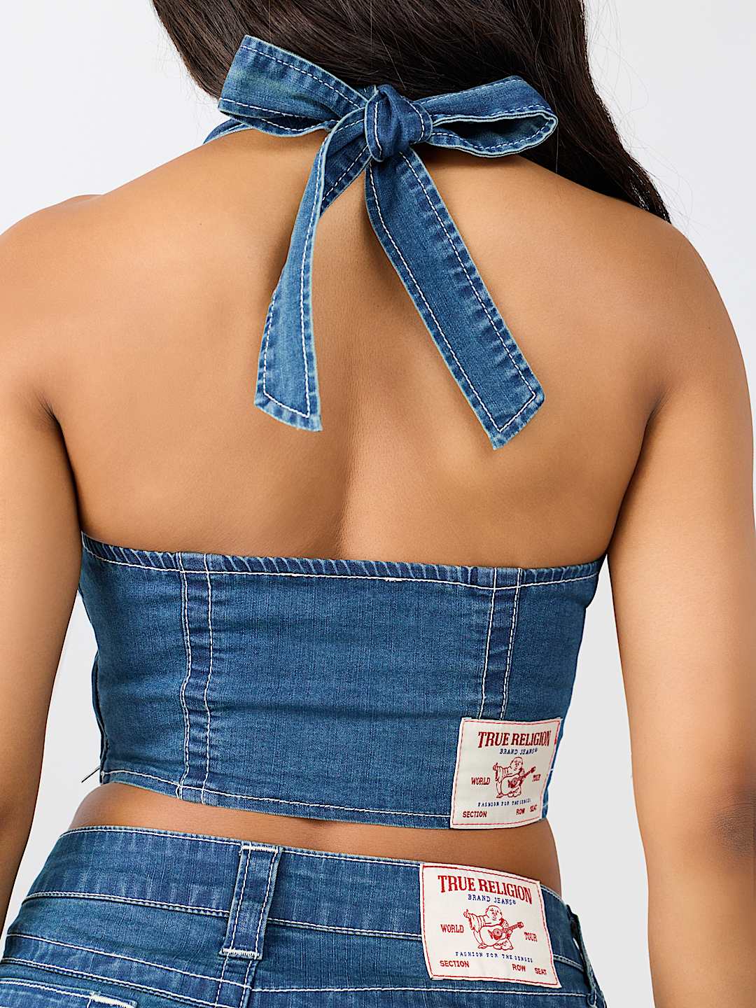 CRYSTAL HORSESHOE DENIM HALTER TOP