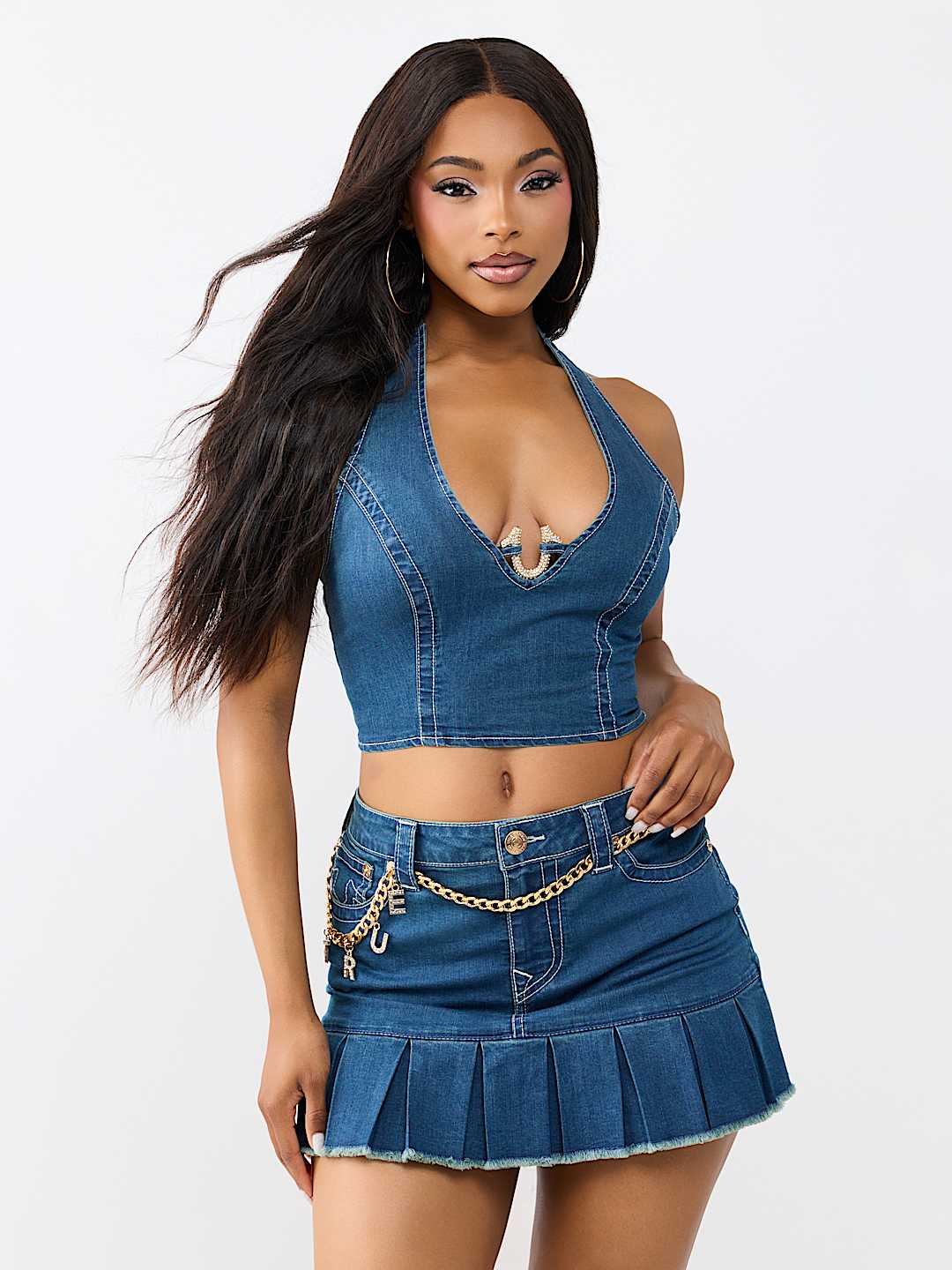 CRYSTAL HORSESHOE DENIM HALTER TOP