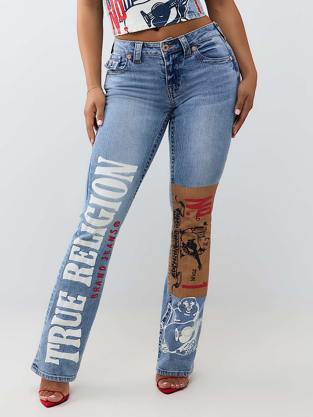 BECCA MID RISE PRINT FLAP BOOTCUT JEAN
