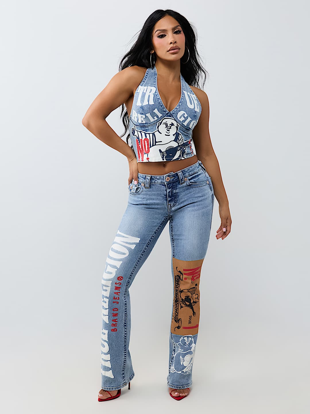DENIM PRINT HALTER TOP