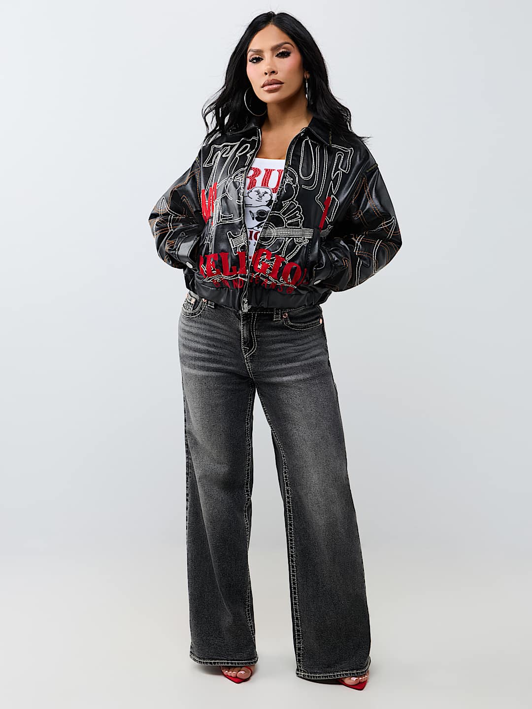 RELAXED EMBROIDERED BUDDHA FAUX LEATHER JACKET