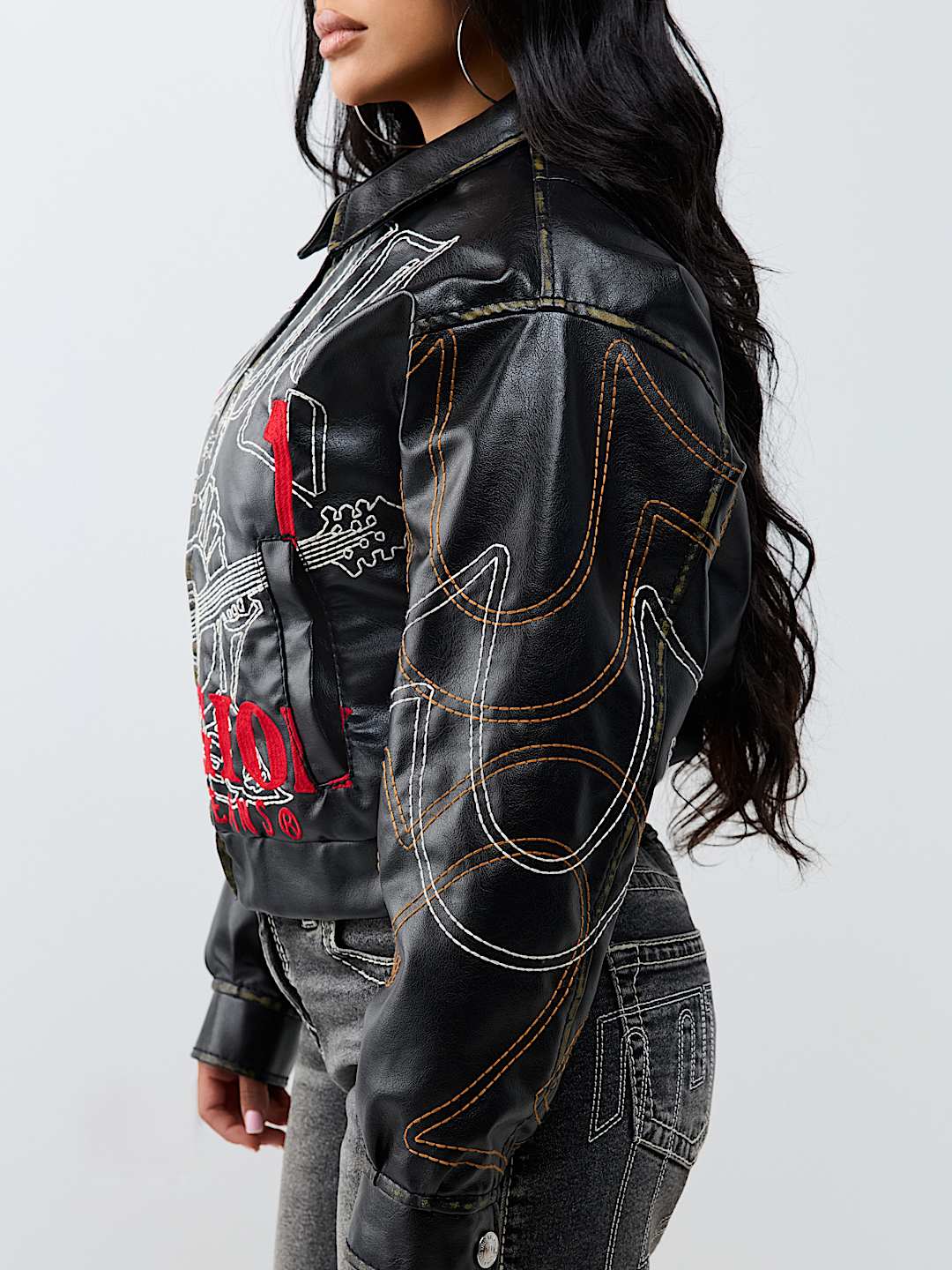 RELAXED EMBROIDERED BUDDHA FAUX LEATHER JACKET