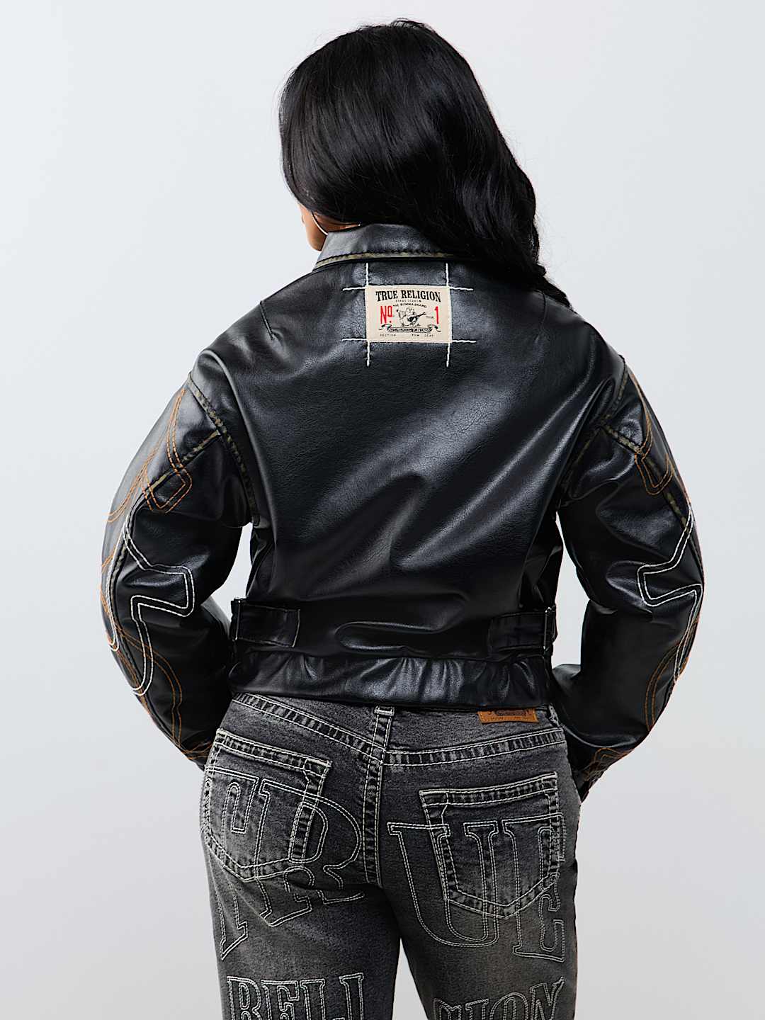 RELAXED EMBROIDERED BUDDHA FAUX LEATHER JACKET