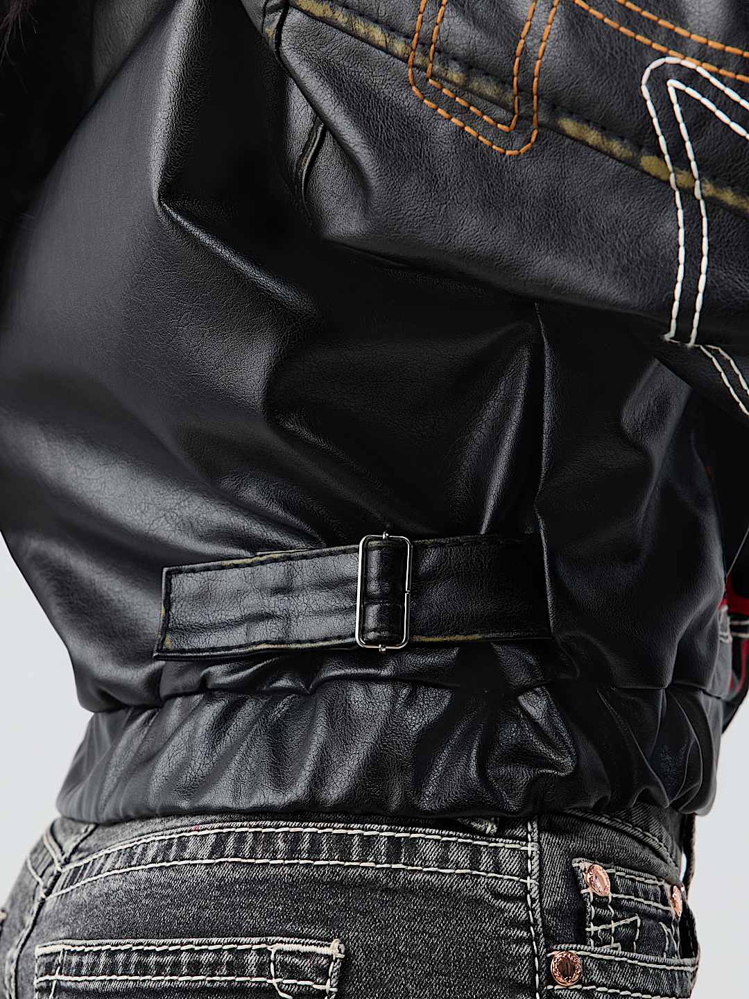 RELAXED EMBROIDERED BUDDHA FAUX LEATHER JACKET