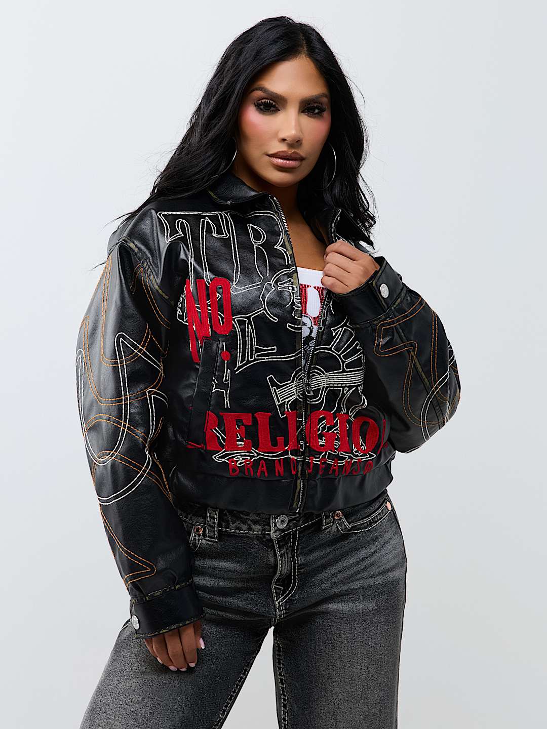RELAXED EMBROIDERED BUDDHA FAUX LEATHER JACKET