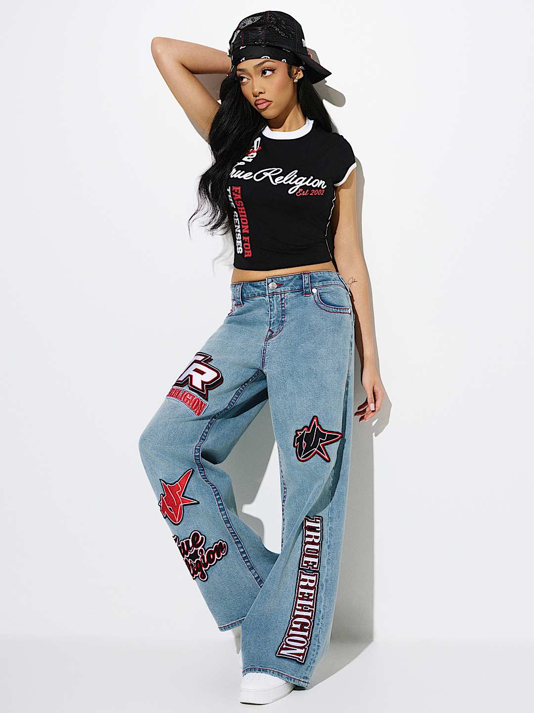 BOBBI MID RISE SPORTY EMBROIDERED PATCH BAGGY JEAN, image 1