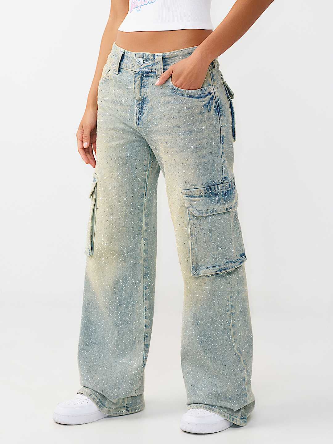 BOBBI MID RISE CRYSTAL  FLAP BAGGY CARGO JEAN, image 5