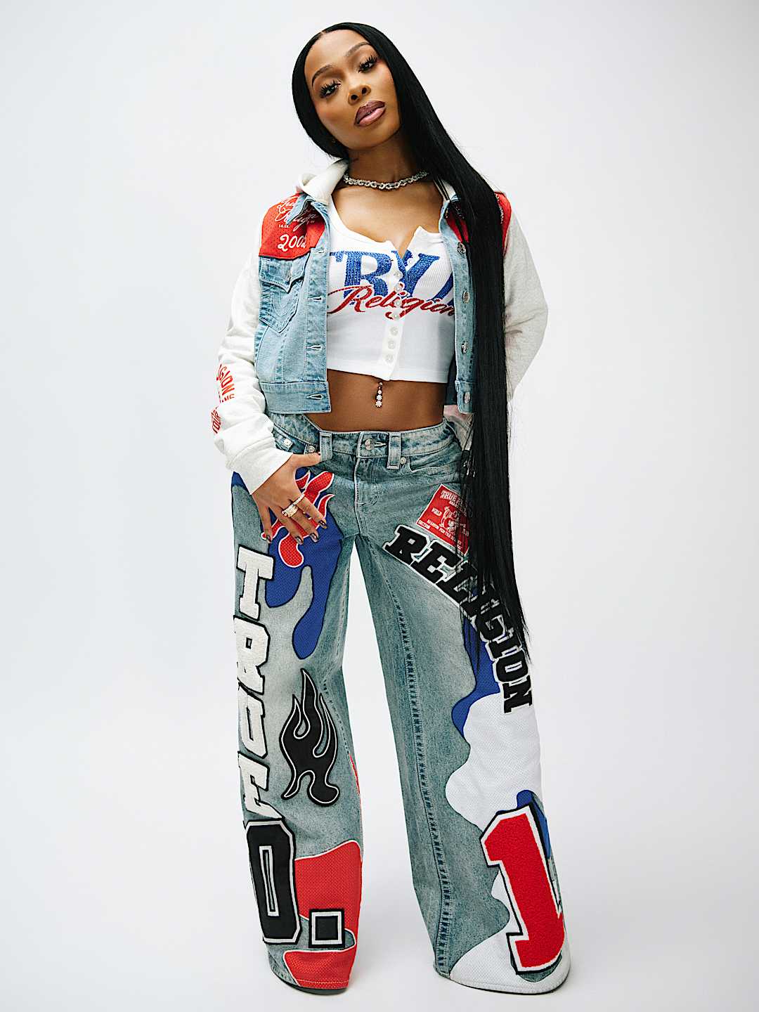 JESSIE MID RISE MIXED PATCH SUPER BAGGY JEAN, image 1