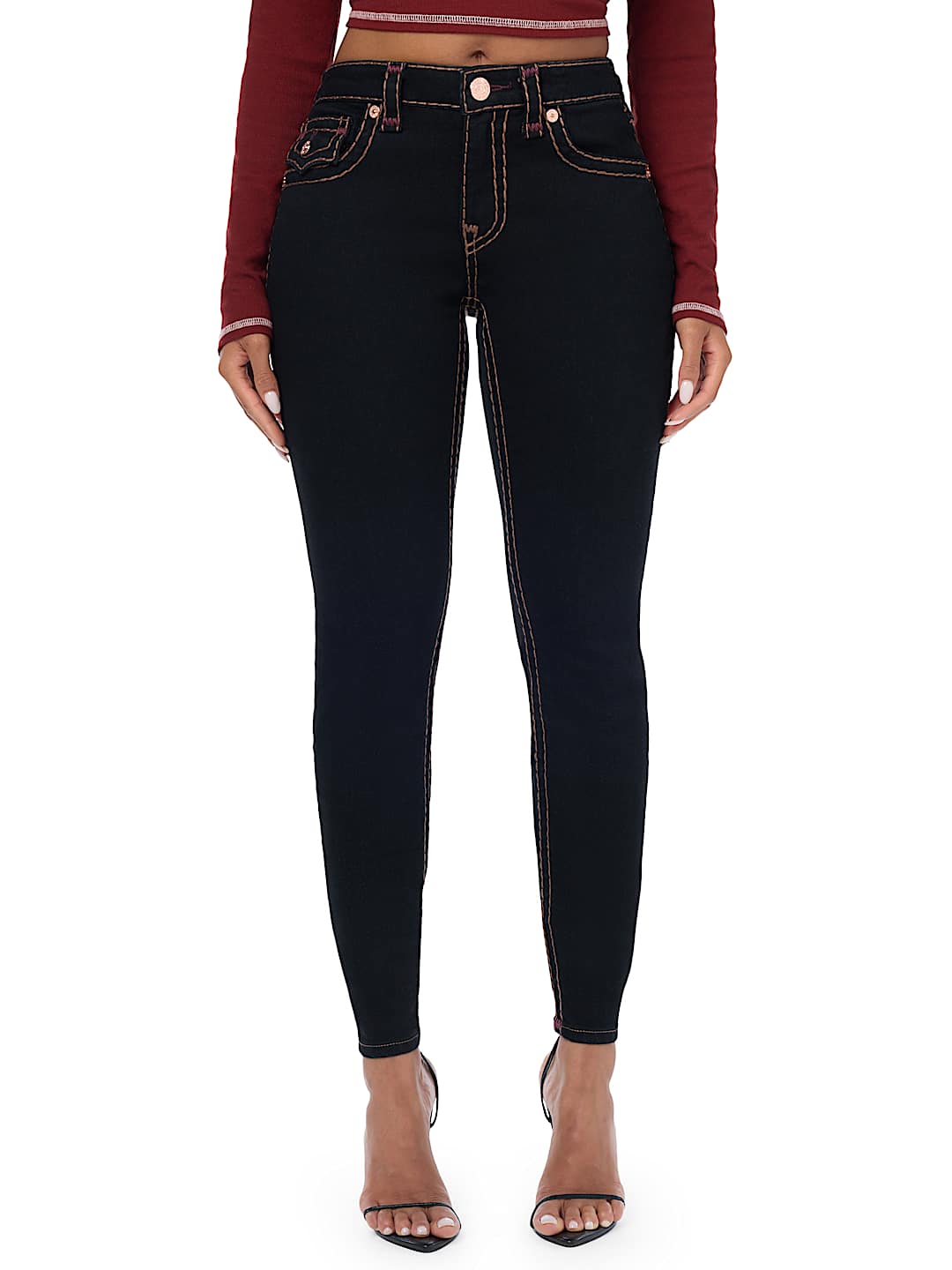 JENNIE MID RISE APPLIQU&Eacute; SUPER T FLAP CURVY SKINNY JEAN