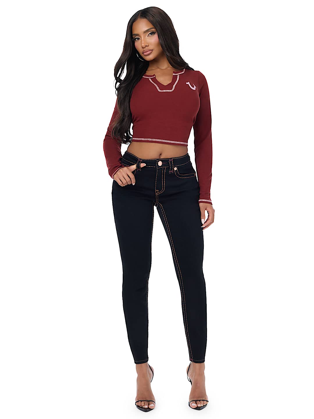 JENNIE MID RISE APPLIQU&Eacute; SUPER T FLAP CURVY SKINNY JEAN