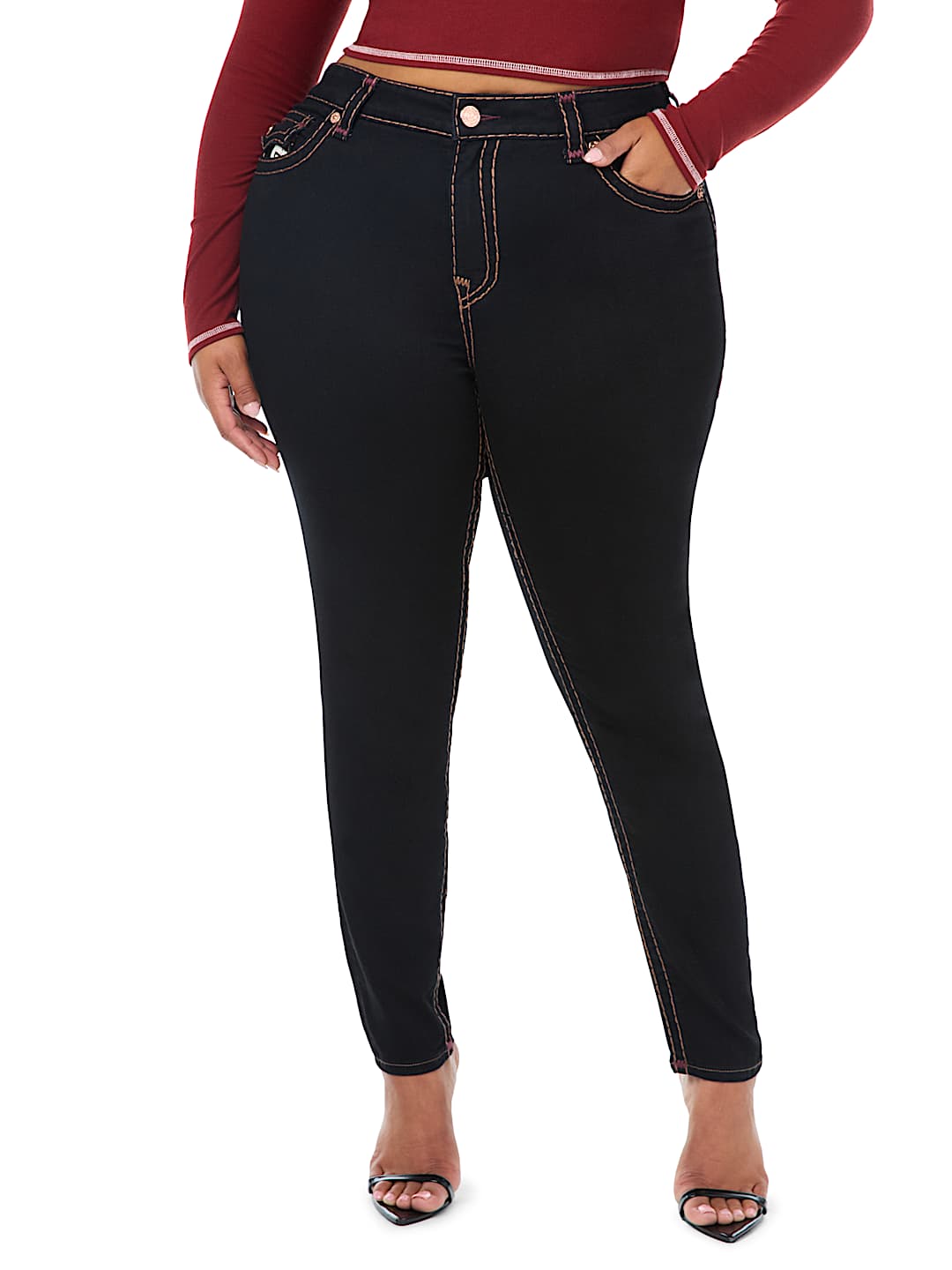 PLUS JENNIE MID RISE APPLIQU&Eacute; SUPER T FLAP CURVY SKINNY JEAN