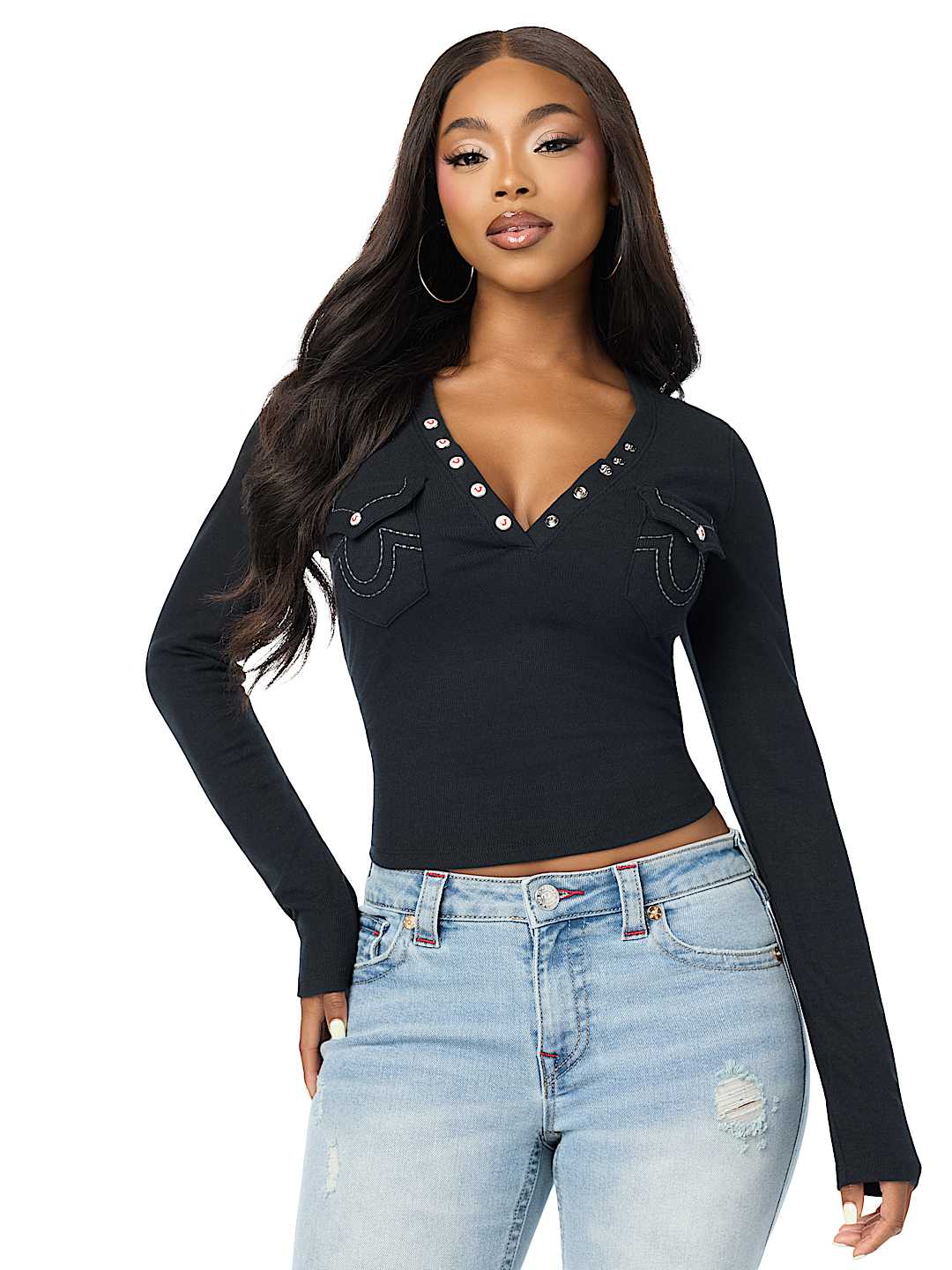 CRYSTAL LOGO POCKET HENLEY RIBBED LONG SLEEVE TOP