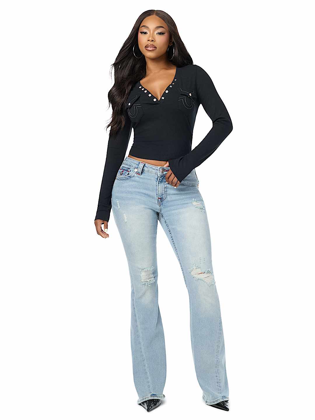 CRYSTAL LOGO POCKET HENLEY RIBBED LONG SLEEVE TOP