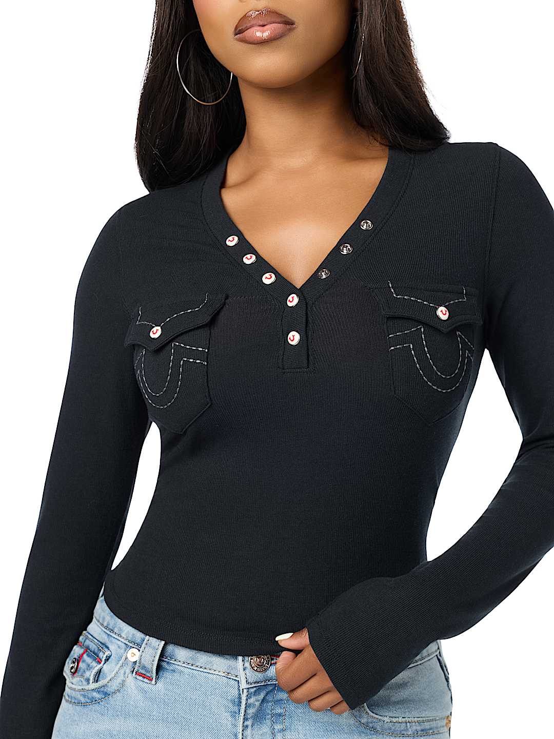 CRYSTAL LOGO POCKET HENLEY RIBBED LONG SLEEVE TOP