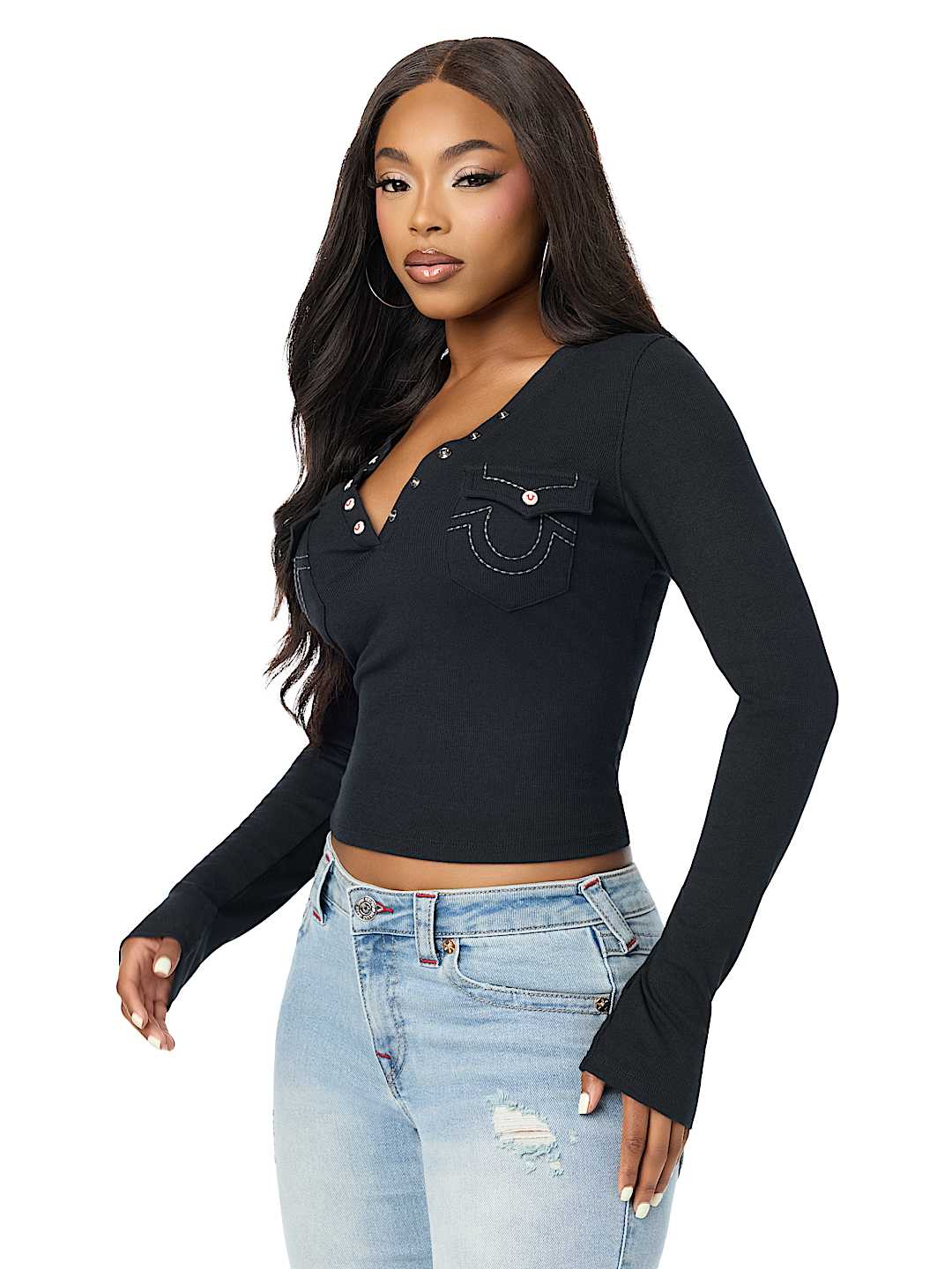CRYSTAL LOGO POCKET HENLEY RIBBED LONG SLEEVE TOP