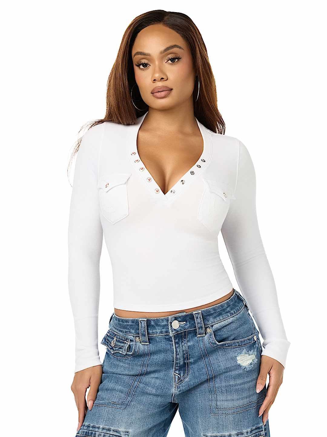 CRYSTAL LOGO POCKET HENLEY RIBBED LONG SLEEVE TOP