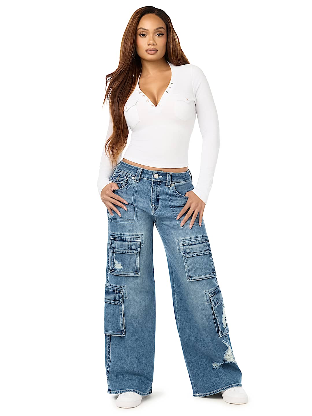 CRYSTAL LOGO POCKET HENLEY RIBBED LONG SLEEVE TOP