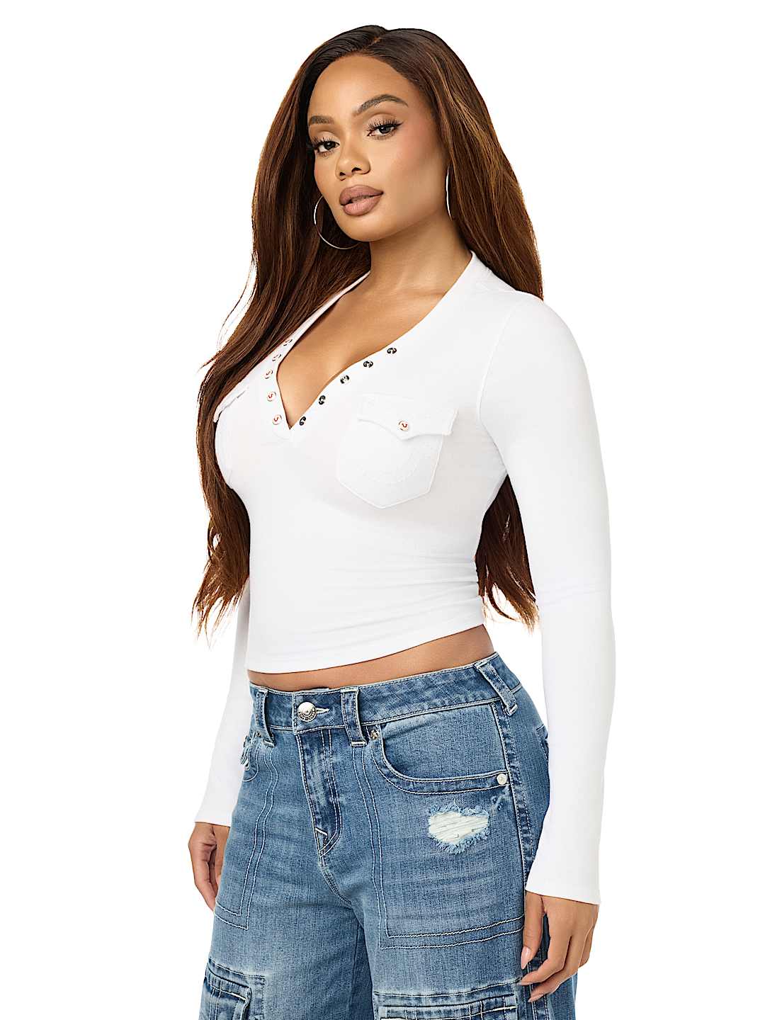 CRYSTAL LOGO POCKET HENLEY RIBBED LONG SLEEVE TOP