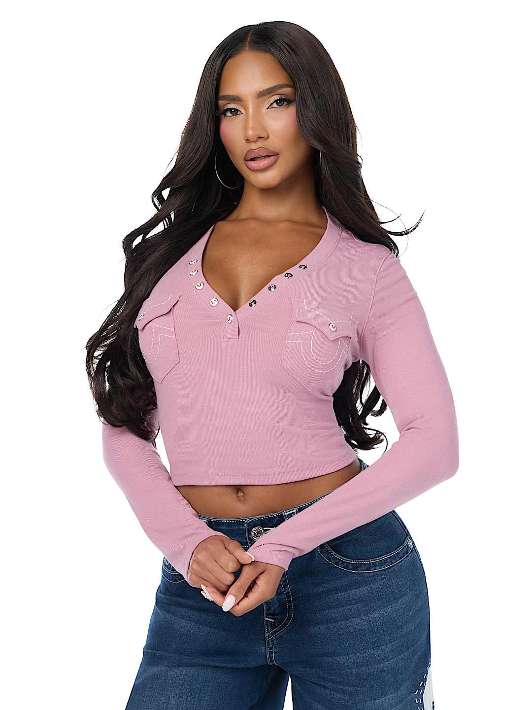 CRYSTAL LOGO POCKET HENLEY RIBBED LONG SLEEVE TOP