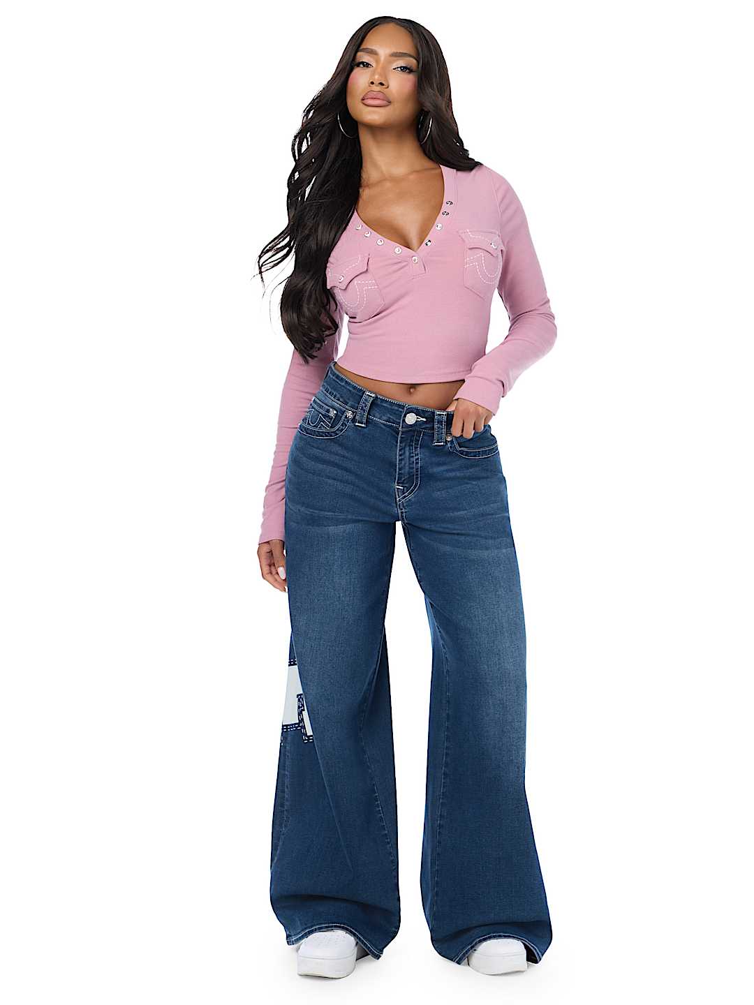 CRYSTAL LOGO POCKET HENLEY RIBBED LONG SLEEVE TOP