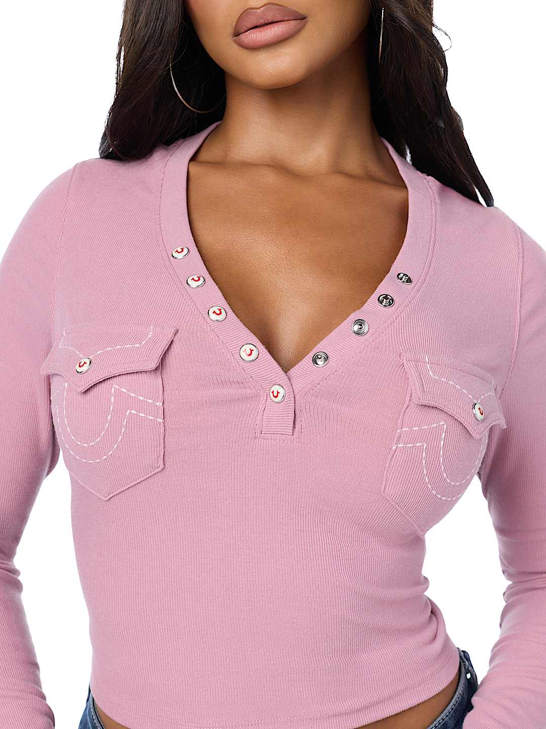 CRYSTAL LOGO POCKET HENLEY RIBBED LONG SLEEVE TOP