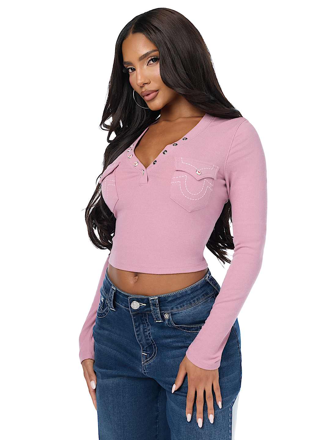 CRYSTAL LOGO POCKET HENLEY RIBBED LONG SLEEVE TOP